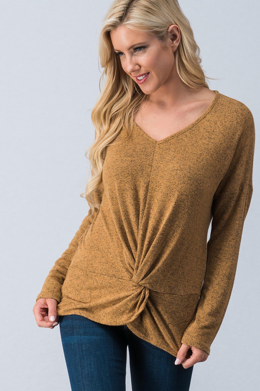 Top - V-Neck Twist Front Long Sleeve Top