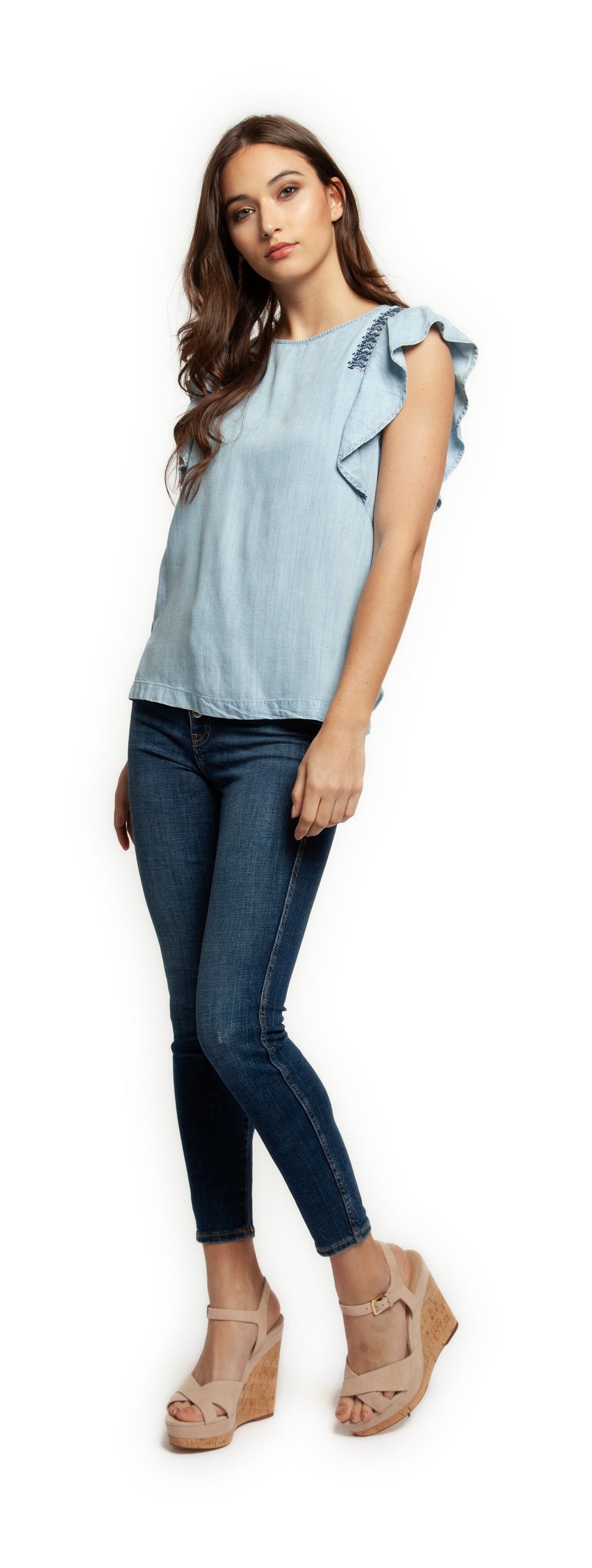 Top - Dex Sleeveless Ruffle Embroidered Detail Top