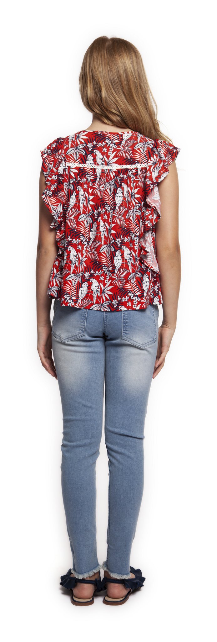 Top - Dex Kids Sleeveless Bird Print Ruffle Detail Top