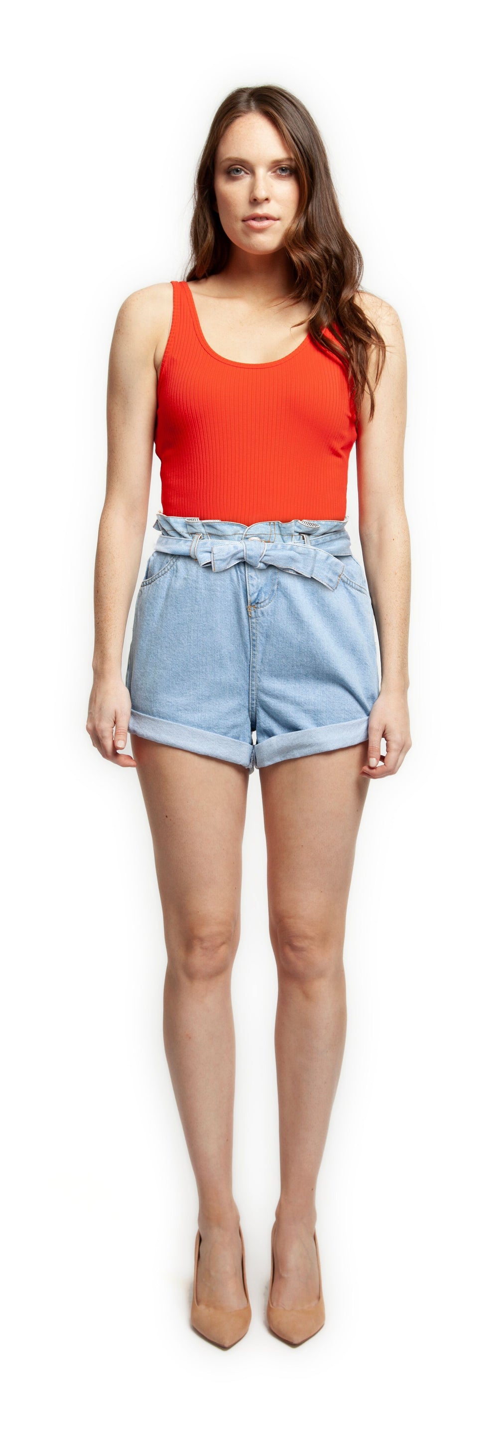 Shorts - Dex Paper Bag Waist Belted Cuffed Denim Shorts