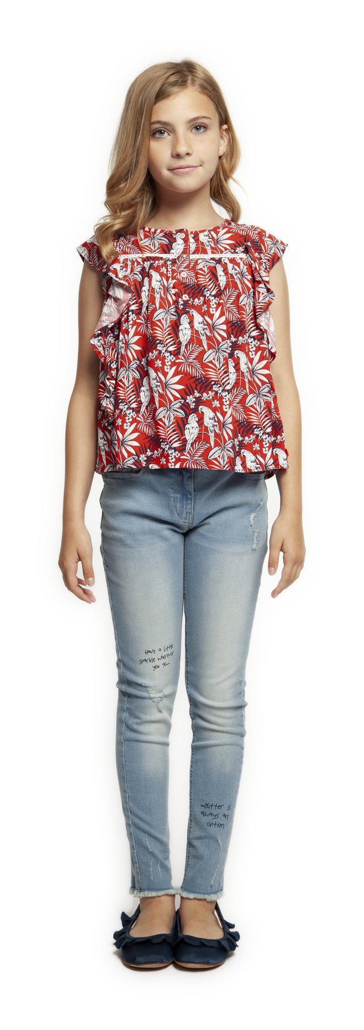 Top - Dex Kids Sleeveless Bird Print Ruffle Detail Top