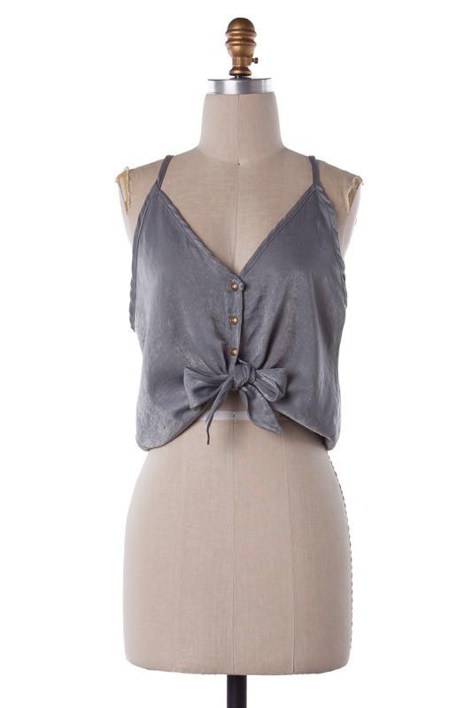 Top - Spaghetti Strap Mid Button Down Front Tie Knot Top