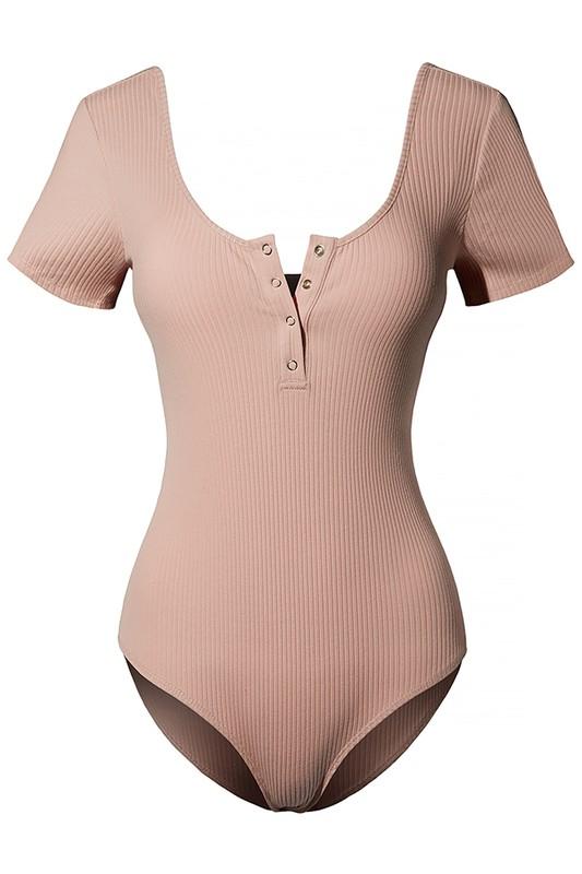 Accessory - Short Sleeve Scoop Neck Ribbed Henley Bodysuit