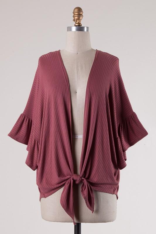 Top - 3/4 Wide Sleeve Front Tie Knot Cardigan