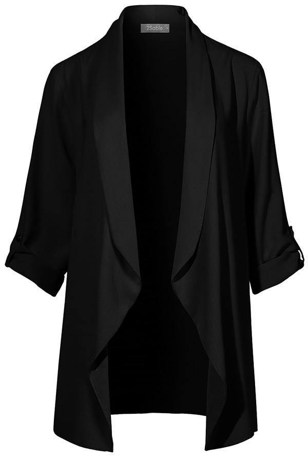 Top - Draped Open Front Roll Up Sleeve Long Blazer