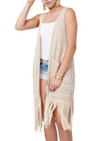 Top - Sleeveless Long Open Bottom Fringe Cardigan