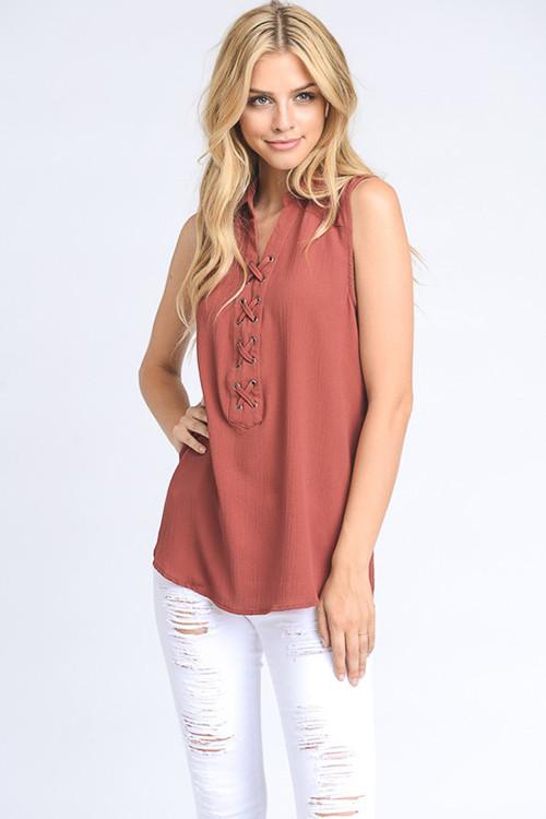 Top - Solid Sleeveless Blouse With Lace Up Detail