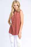 Top - Solid Sleeveless Blouse With Lace Up Detail