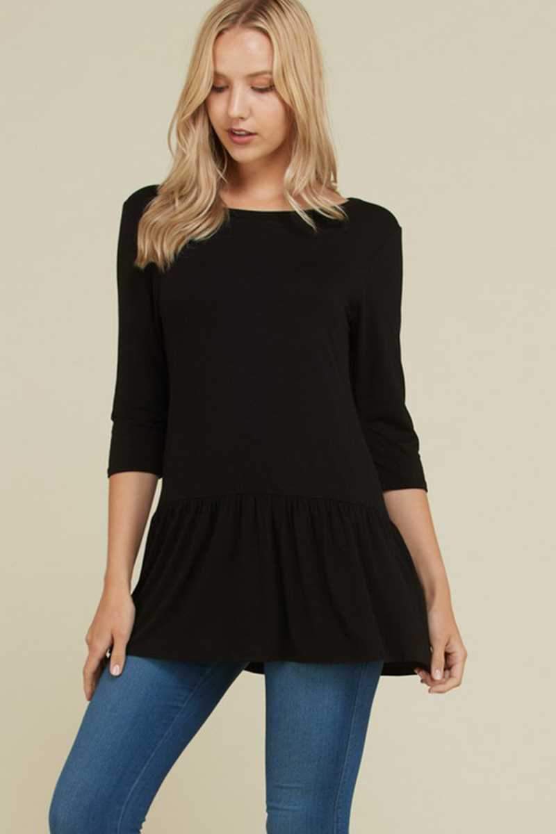 Top - Solid Relaxed Fit 3/4 Sleeve Ruffle Top