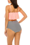 Swimsuit - Flounce Top And Contrast Striped High Waist Bottom Bikini