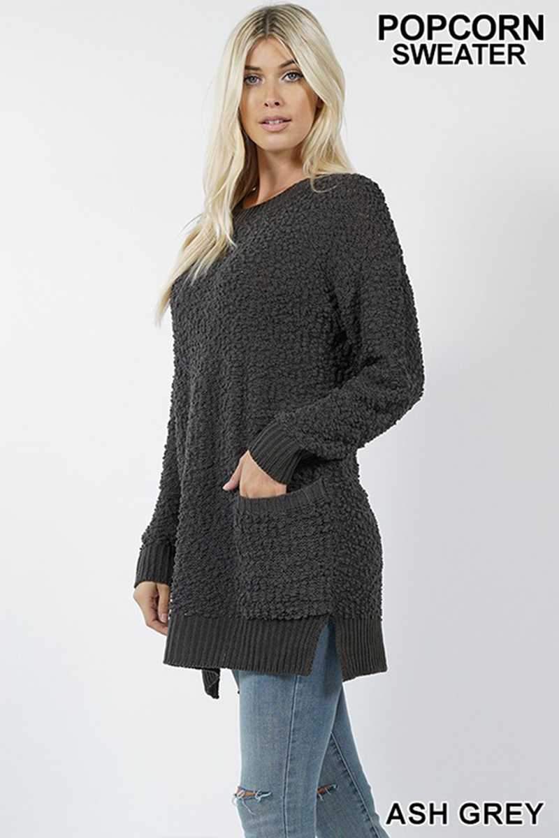 Top - Popcorn Round Neck Pocket Tunic Sweater