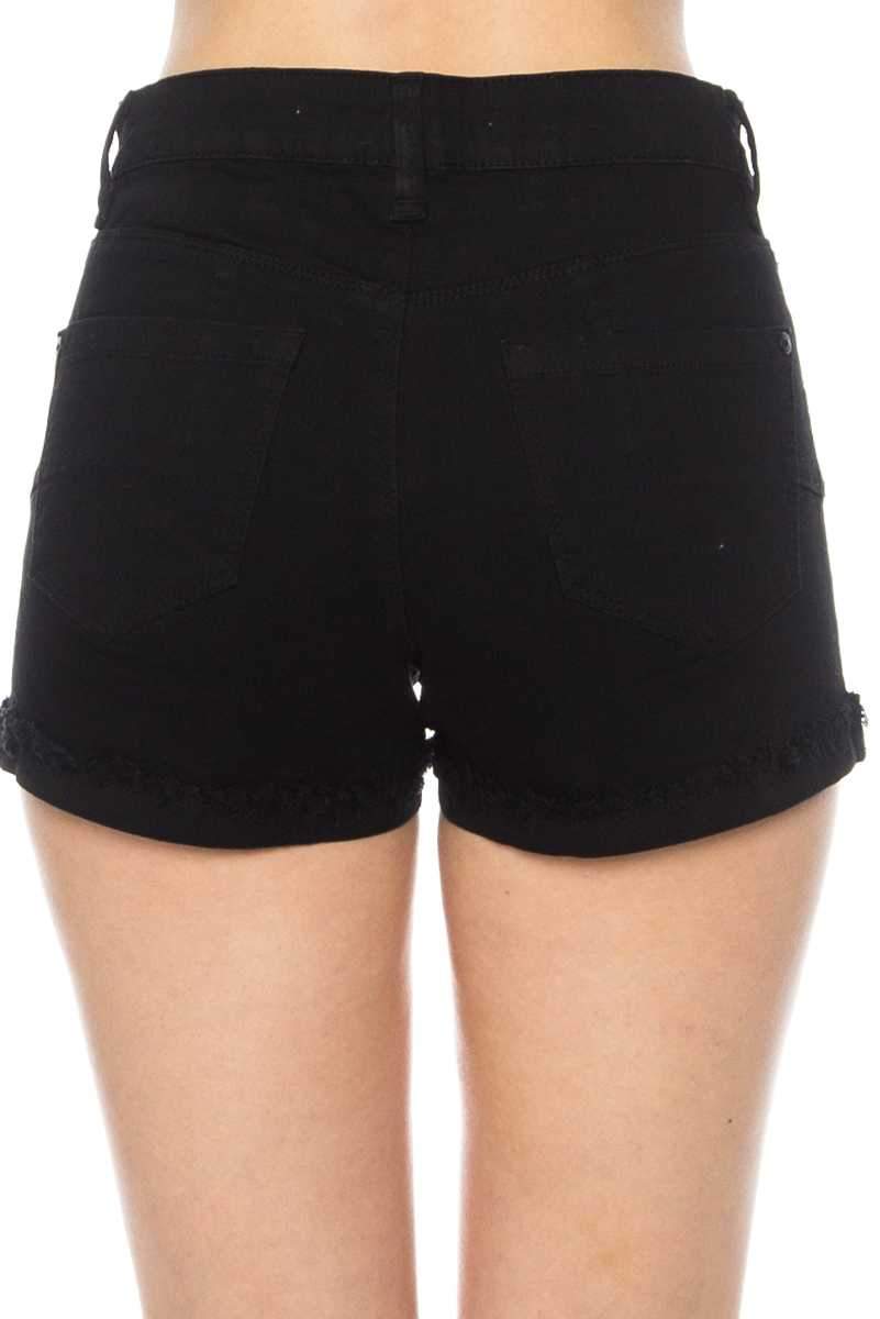 Shorts - High Rise Cuffed Frayed Hem Denim Shorts