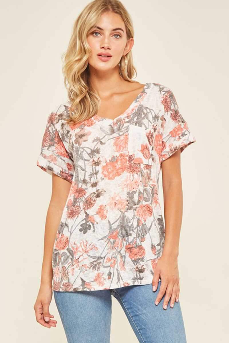 Top - Floral V-Neck Side Pocket Casual Top