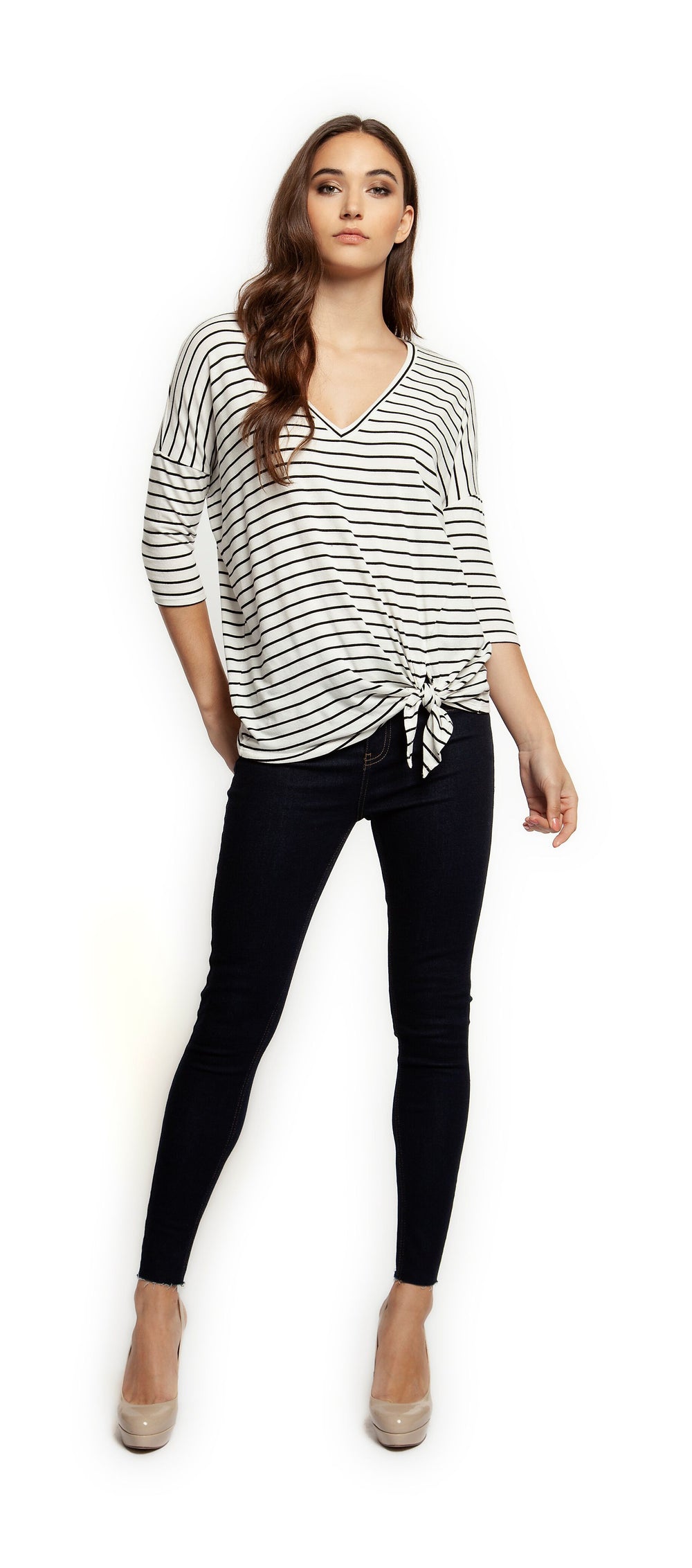 Top - Dex 3/4 Sleeve V-Neck Side Tie Striped Top