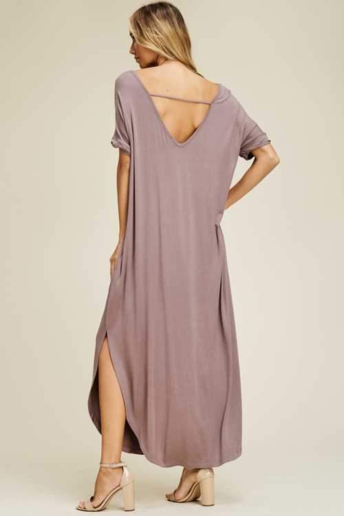 Dress - Solid Loose Fit Open Back U Hem Maxi T-Shirt Dress