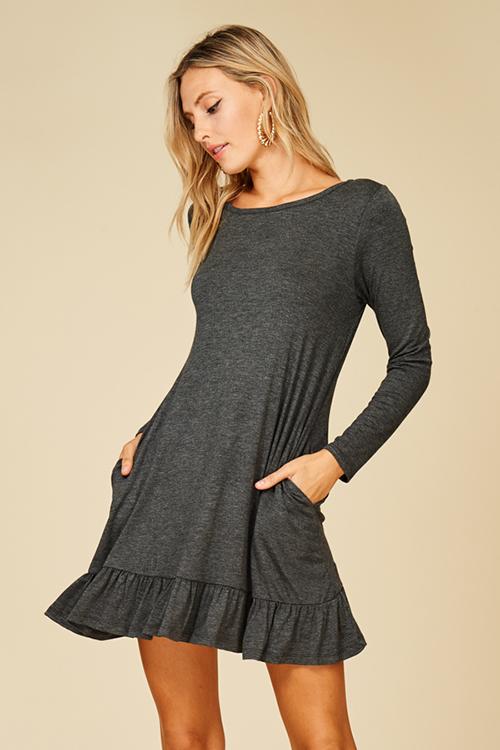 Dress - Long Sleeve Ruffed Hem Dress With Pockets