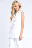 Top - Solid Sleeveless Blouse With Lace Up Detail