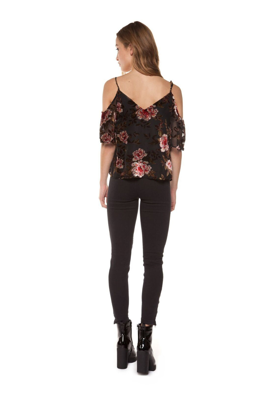 Top - Dex Floral Velvet V-Neck Cold Shoulder Top