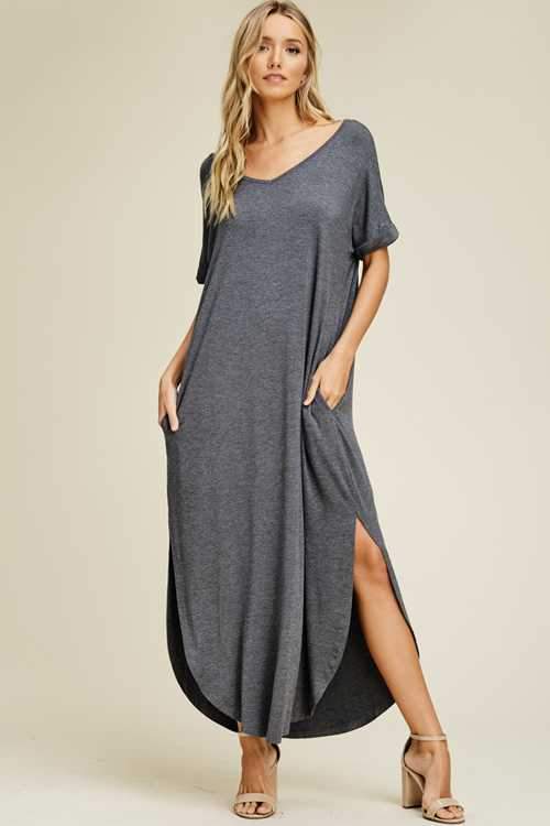 Dress - Solid Loose Fit Open Back U Hem Maxi T-Shirt Dress