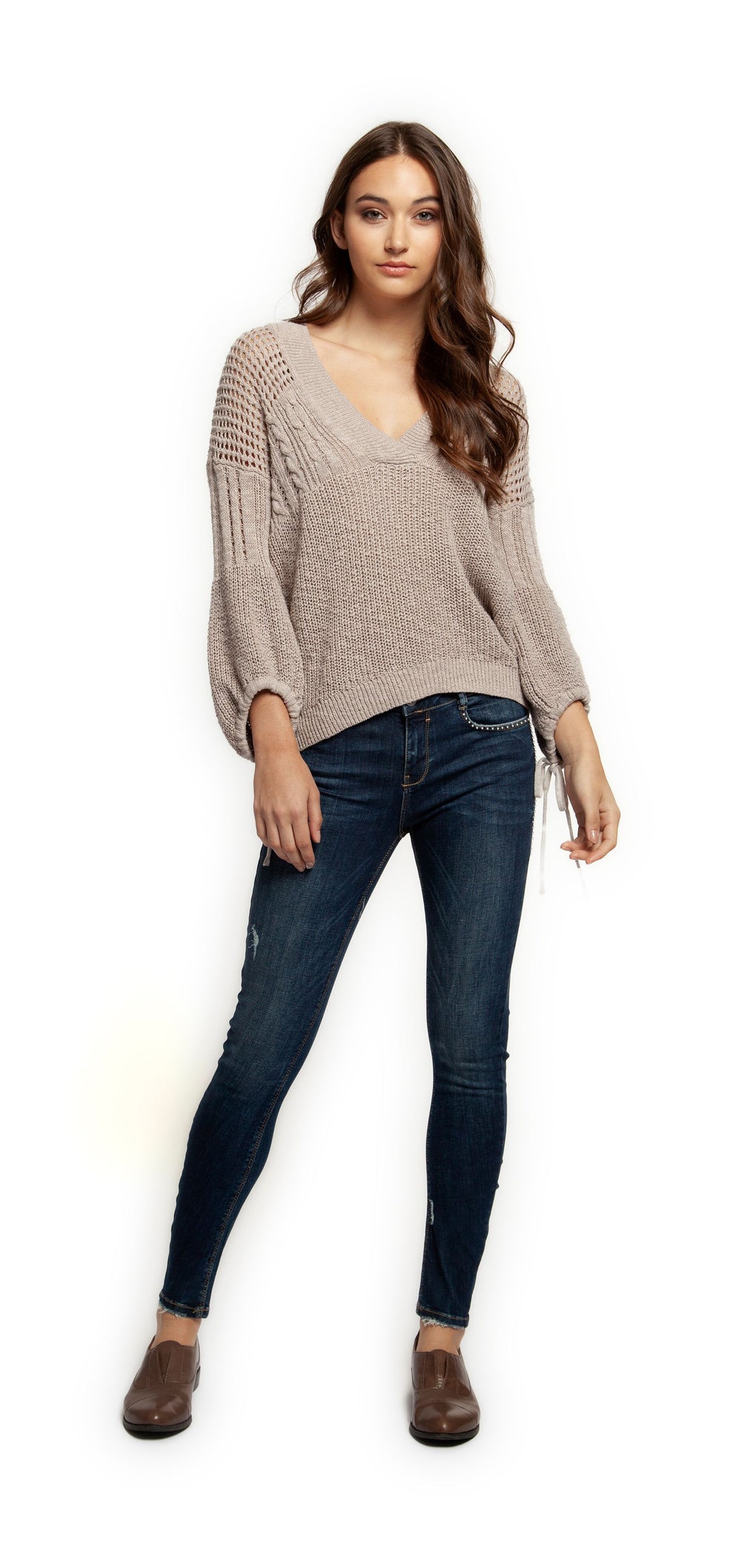 Top - Dex Long Sleeve V-Neck Self Tie Sweater