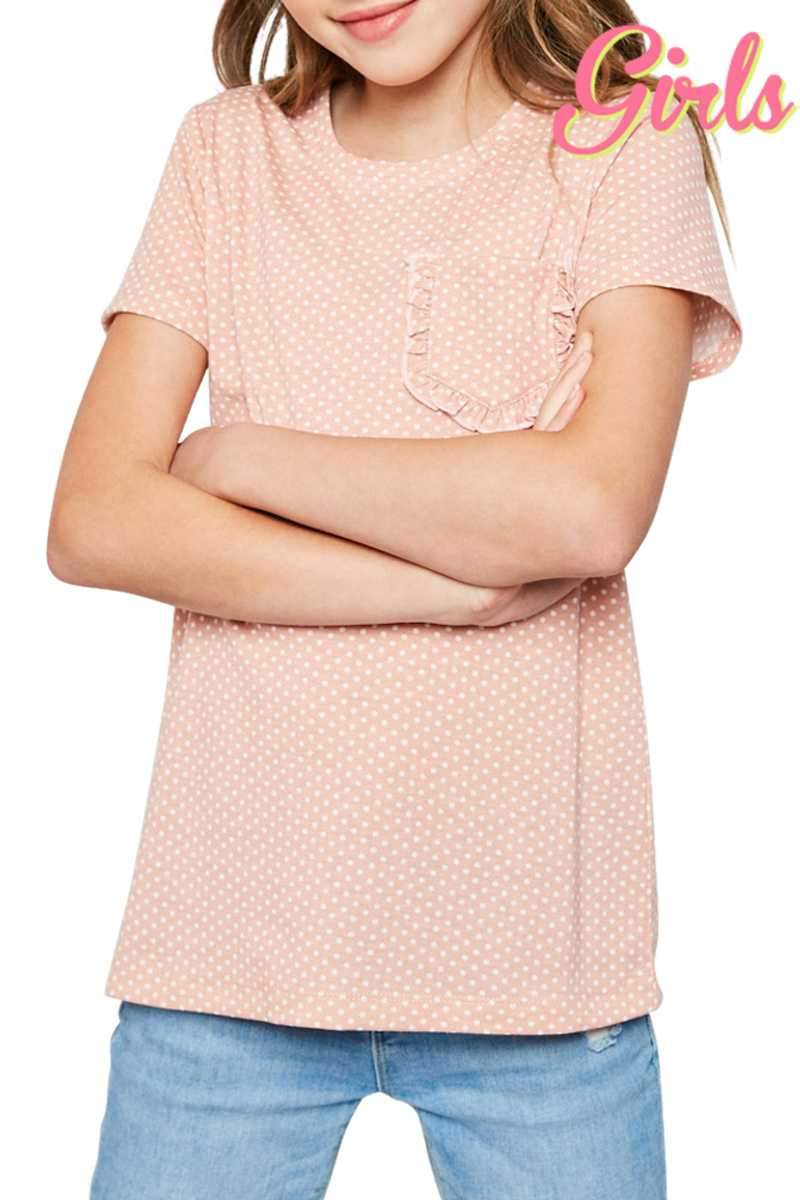 Top - Kids Polka Dot Short Sleeve Top With Ruffled Chest Pocket