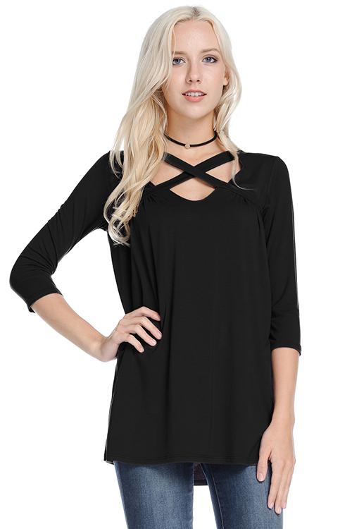 Top - 3/4 Sleeve Crisscross Neckline Solid Top