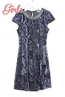Dress - Girls Velvet Short Sleeve Beaded Neckline Dress