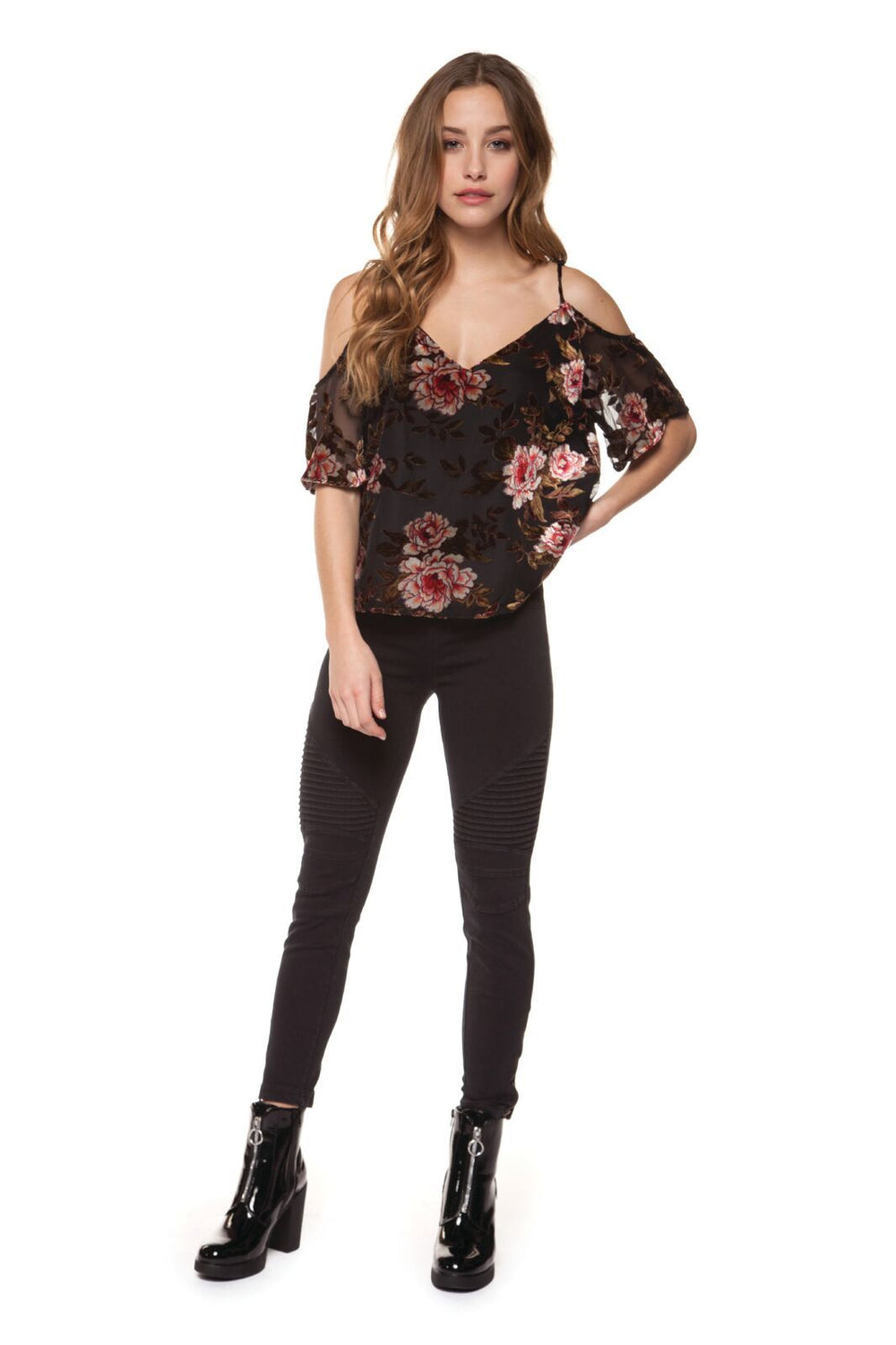 Top - Dex Floral Velvet V-Neck Cold Shoulder Top