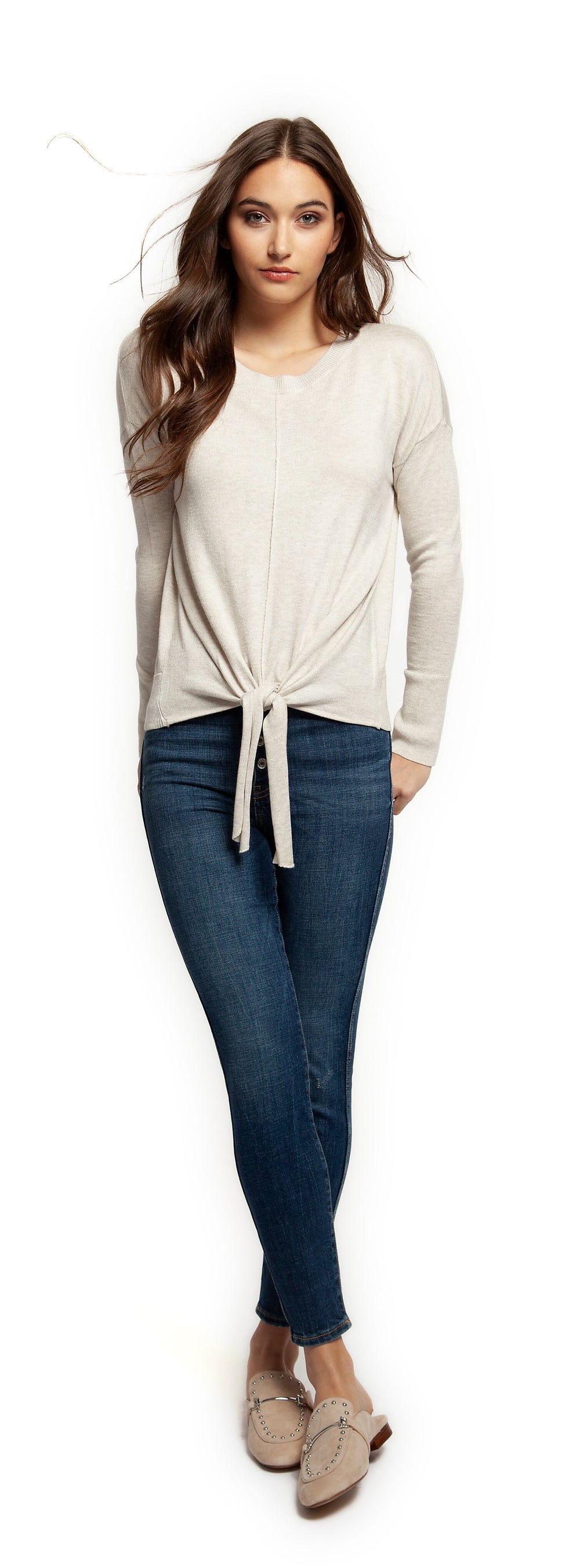 Top - Dex Long Sleeve Scoop Neck Front Tie Sweater
