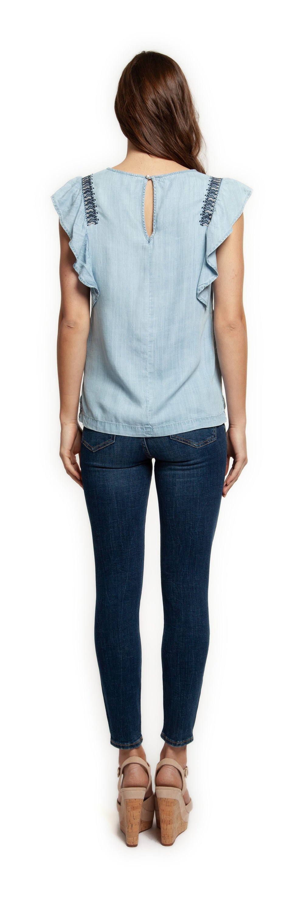 Top - Dex Sleeveless Ruffle Embroidered Detail Top